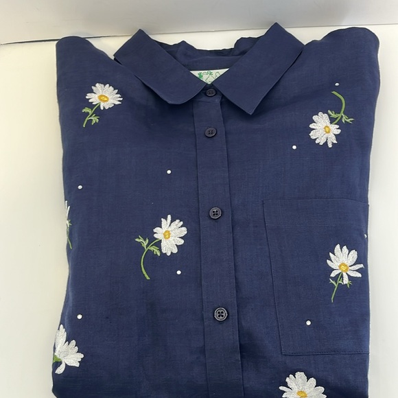 Quacker Factory Navy Blue Ramie Tunic Blouse w/ Embroidered Daisies Women’s 1X - Picture 14 of 14